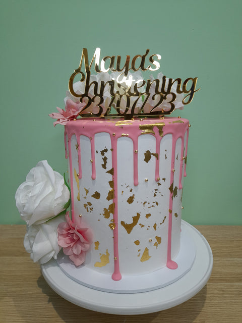 Christening Tall Drip Cake with Flowers
